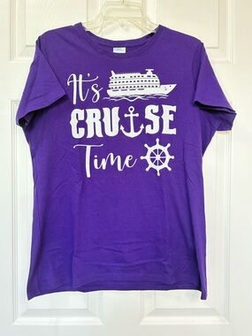 It’s Cruise Time T-shirt Womens Large Purple White Graphic Crew Neck Family Fun